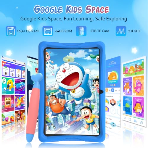 2026 Upgraded Kids Tablet 10 inch, Android 16 Tablets for Kids, Parental Control, Pre-Installed Kiddos Software & Kids Space, Includes Case & Stylus Pen, 12GB RAM 64GB ROM, 2TB Expand, HD IPS Screen