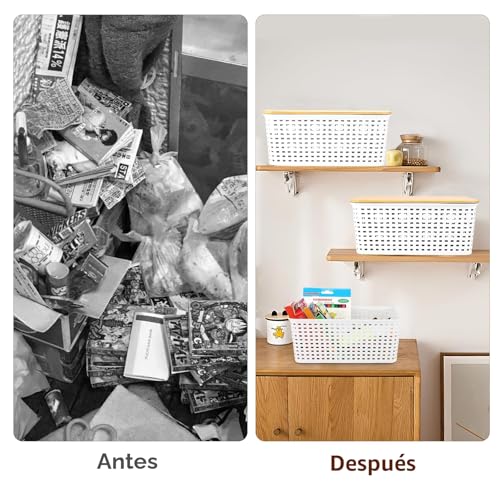 3 Pieces Plastic Storage Baskets with Bamboo Lid Organizer Baskets | Stackable Plastic Organizer Boxes with White Handles for Desk, Office, Cosmetic, Bathroom, Toys