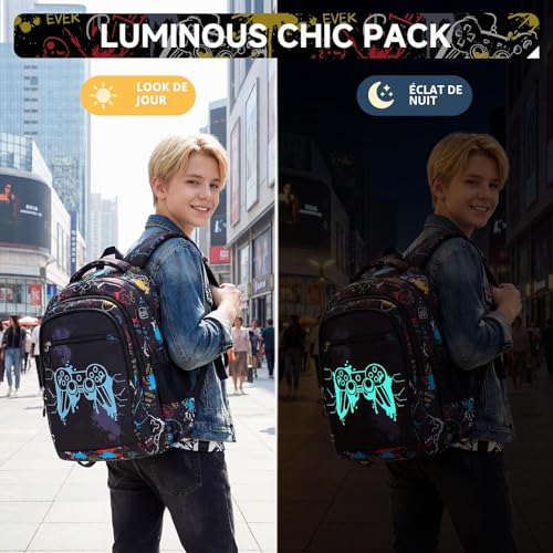 Amythe Boys' Primary School Bag – Luminous Night Light School Backpack with Compartment 15.6 Inches Pc, Ergonomic, Large Waterproof Leisure School Bag for Teens 9-16 Years