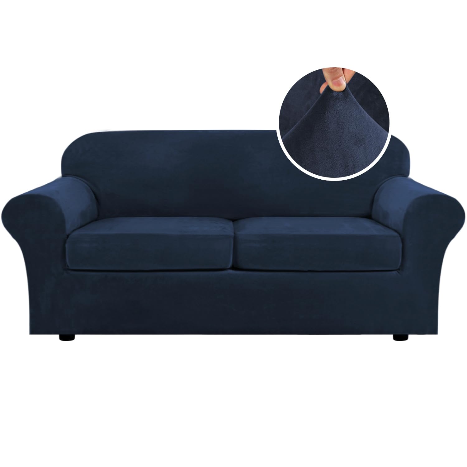 Photo 1 of H.VERSAILTEX Real Velvet Plush 3 Piece Stretch Sofa Covers Couch Covers for 2 Cushion Couch Sofa Slipcovers Width Up to 90 Inch Feature Thick Soft Stay in Place (Large Sofa, Navy)