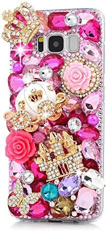 GreenDimension Samsung Galaxy S8 Plus 3D Handmade Bling Crystal Golden Castle White Pumpkin Carriage Pink Shiny Diamonds Glitter Rhinestones Gems [Full Edge Protection] Clear Hard PC Plastic Cover