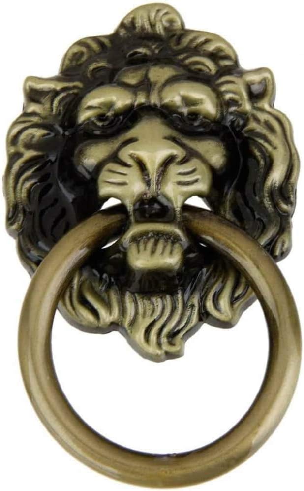 POFET 10pcs Vintage Retro Style Door Knob Handle Cabinet Cupboard Drawer Metal Pull Ring Antique Lions Head Yellow Bronze