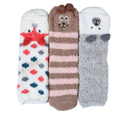 HENNY RUE Womens Cute Animal Patterned Winter Warm Wool Crew terry Socks 3 pairs