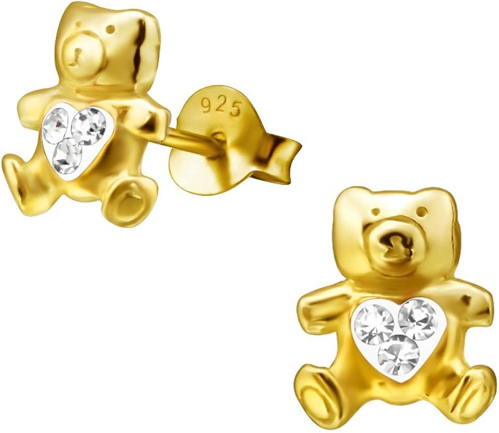 Teddy Bear Earrings with Clear Crystal Stones 925 Sterling Silver
