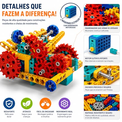 Blocos de Construção Eletrônico STEM – Kit de Engenharia Educacional com Motor, Engrenagens e Modelos Mecânicos | Brinquedo Educativo de Ciência e Robótica para Crianças 3+ Anos (180 Peças)