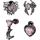 Zynova 4Pcs Halloween Pink CZ Heart Spider Web Cartilage Stud Earrings Set for Women Gothic Black Conch Helix Tragus Flat Back Studs Earrings Dainty Cartilage Piercing Jewelry