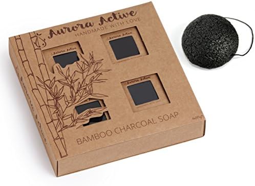 Activated Bamboo Charcoal Black Handmade Soap And Natural Konjac Sponge Set - Light Fresh Scent Facial Cleansing Treatment Acne Prone And Sensitive Skin (4 3.35 oz Bars And 1 Charcoal Konjac Sponge)