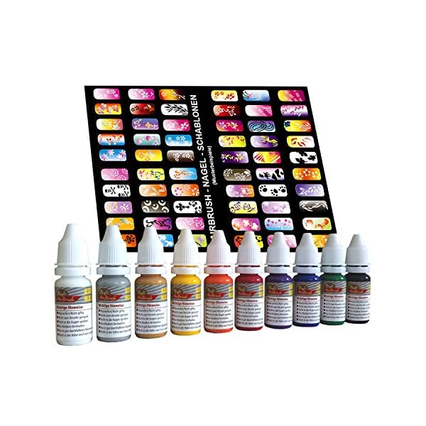 Airbrush Set Kompressor Compact II Airbrush KomplettSet mit 10*10ml Nail Farben Set Kit mit sehr leisem Airbrush Kompressor / Universal Airbrush-Pistole Double-Action mit 3 DÃ¼sen und Druckluftschlauch – Bild 5