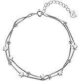 QLUYCKW Layered Stars Bracelet for Women Silver Simple Little Twinkle Star with Matte Smooth Beads Double-Stranded Adjustable Link Bracelet Mother's Day Birthday Jewelry