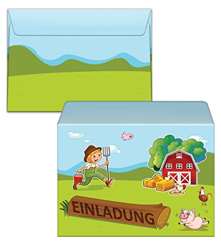 12-er Set Einladungskarten, Umschläge, Tüten, Aufkleber zum Kindergeburtstag Bauernhof-Party für Mädchen und Jungen (12 Karten + 12 Umschläge + 12 Party-Tüten (Kreuzbodenbeutel) + 12 Aufkleber) – Bild 6