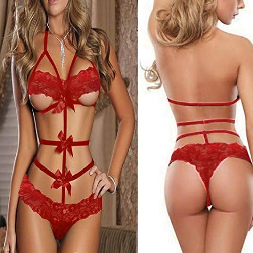 AEByuan Womens Sexy Lingerie Babydoll Lace Bow Dress Nightwear G-string Sleepwear (Red XL)