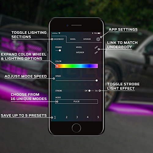 LEDGlow 4pc. Million Color SMD LED Car Underbody Underglow Lighting Kit - Bluetooth-Connected Smartphone App - 252 SMD LEDs - 16 Unique Fully Customizable Lighting Modes