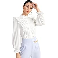WDIRARA Women's Pleated Ruffle Trim Flounce Long Sleeve Mock Neck