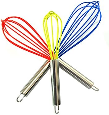 Cegar Silicone Whisk with Stainless Steel Handle, Set of 3, Kitchen Utensils for Blending, Whisking, Beating &amp; Stirring - (Blue: 12-inch, Red: 10-inch ,Bright Green: 8-inch)