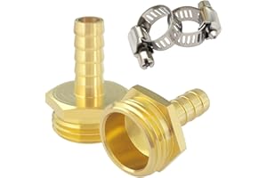 Hooshing 2PCS Brass Garden Hose Male Adapter 1/2" Barb x 3/4" GHT Male Hose Connectors with Clamps for House/Boat/Lawn/Power Wash/Irrigation