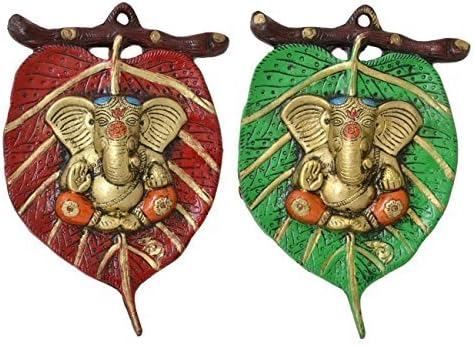 Decorative Ganesha on Leaf Metal Figurine Copper Material Handcrafted Green Red Showpiece Wall Hanging Lucky Gift Items