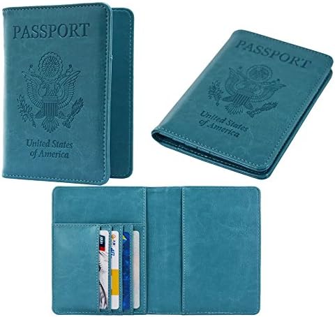 RFID Blocking Leather Passport Holder Wallet Case Cover PU For Men and Women (Eagle - Blue)