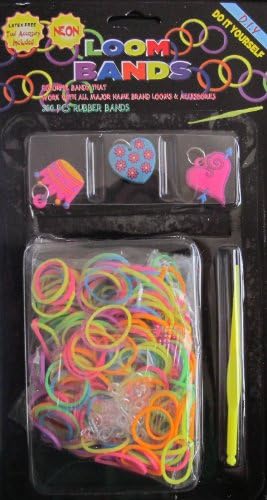 D.I.Y. LOOM BANDS Colorful 'NEON' SET w 300 RAINBOW Colors 'NEON' RUBBER BANDS (NO Latex), 3 CHARMS (Crown & 2 Hearts), CLIPS & TOOL