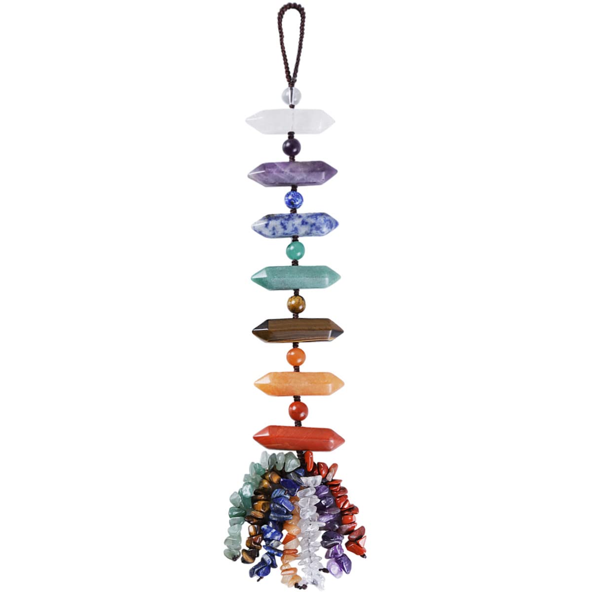 Nupuyai 7 Chakra Double Crystal Points Healing Stone Hanging Ornament, Energy Crystals Tassel Spiritual Ornament for Car Home Office Decor with Gift Box, 26-28cm