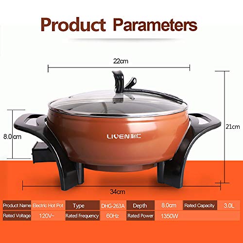 Liven 3L Electric Shabu Shabu Hot Pot, Mongolian Hot Pot, Cast Aluminum Pot Body with Non-stick Surface Diameter 22cm Depth 8.0m 1350W