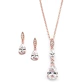 Mariell Bridal Wedding Necklace Earrings Set, 14K Rose Gold Plated CZ Pendant and Drop Earring for Bride, Bridesmaid