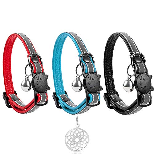 Leather Cat Collar Reflective, Set of 3, Plus Lucky Charm Pendant, Breakaway with Bell, Solid & Safe Collars for Cats, Nylon, Kitty Collars, Pet Collar, Free Replacement