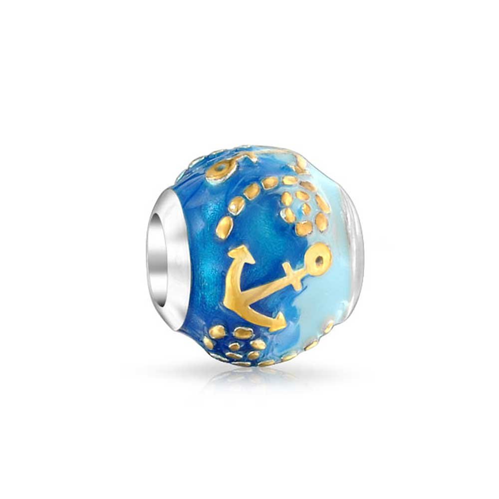 Bling Jewelry Tropical Vacation Nautical Ocean Blue Waves Anchor Charm Bead For Women Teen Gold Plated .925 Sterling Silver Fits European Bracelet