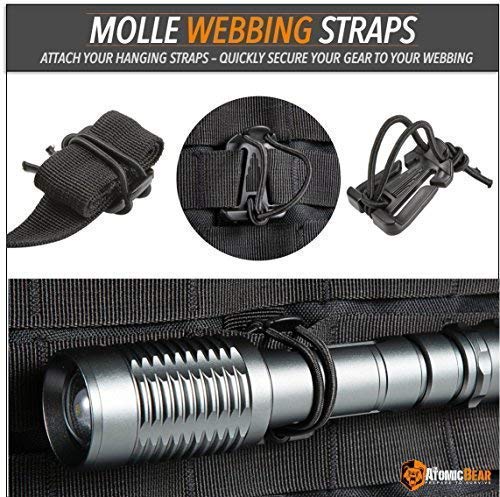 The Atomic Bear Kit of 11 Attachments for 1" Webbing Molle Bags, Tactical Backpack, Tactical Vest - 4 Grimlock Locking D-Ring Carabiner Clips - 4 Molle Elastic Strings - 2 Straps 4" MOD Tac Tie
