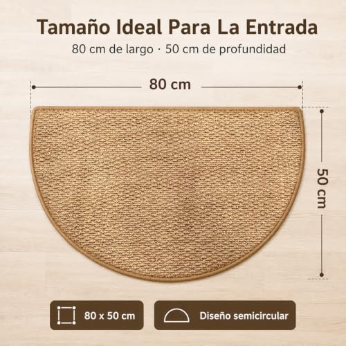Rantuia Tapete para Entrada De Casa Semicircular 80 x 50 cm, Tapete Entrada Antideslizante, Superficie Tejida De Bucle, Atrapa Polvo y Suciedad, para Puerta, Pasillo y Sala, Color Camel