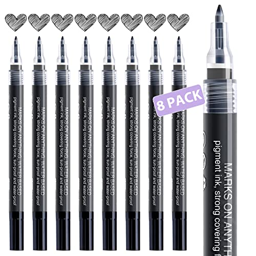 AKARUED Paint Pen, 8 Pack 0.7mm Water Based - Extra Fine Point Black Marking Pen for Metal, Wood, Paper, Plastic, Ceramic, Stone, Rock, Glass, Mugs, Non-Toxic, Fast Dry, Ideal for Art Projects