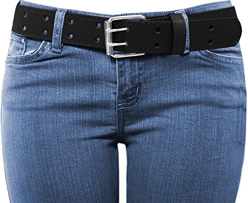 Luna sosano Women's Thick Wide Double Hole Dress Leather Belt - Black - Medium