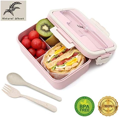 Lunch Bento Boxes 3-Compartments,Leak-Proof Wheat Straw Microwave Portable for Student Kids Children Dinnerware Picnic Food Storage Container  (Pink)