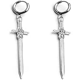Punk Long Sword Dangling Small Hoop Earrings for Women Men Gothic Retro Antique Silver Dagger Knife Dangle Drop Earring Grunge Goth Cross Knives Charm Huggie Hinged Hoops Ear Piercing Halloween Jewelry