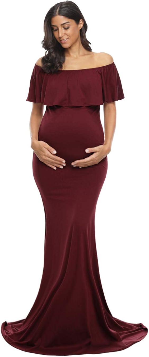 Glampunch Womens Off Shoulder Maternity Dress Ruffles Elegant Slim Gowns Fit Maxi Photography Dress at  Women’s Clothing store