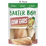 Baxter Boy Premium Grade Odor Free Cow Ears Dog Treats, (15 Pack) - 8" Long All Unflavored Natural Gourmet Dog Treat Chews - Fresh & Tasty Low-Calorie Treat