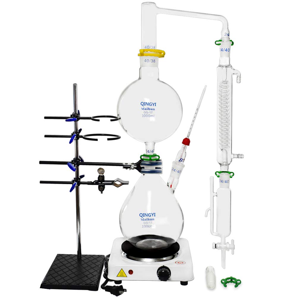 Essential Oil Distillation Apparatus Lab Glassware Kits Steam Water Distiller Purifier with Hot Stove Separating Funnel Essential Oil Separator Graham Condenser S35 and 24/40 Joint (1000ml)