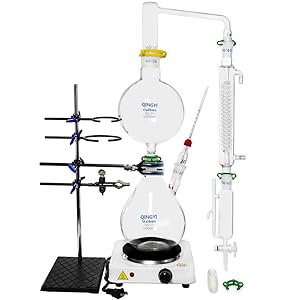 Essential Oil Distillation Apparatus Lab Glassware Kits Steam Water Distiller Purifier with Hot Stove Separating Funnel Essential Oil Separator Graham Condenser S35 and 24/40 Joint (1000ml)