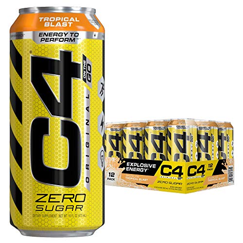 Cellucor C4 Original Carbonated Zero Sugar Energy Drink, Pre Workout Drink + Beta Alanine, Sparkling Tropical Blast, 16 Fl. Oz (Pack of 12)