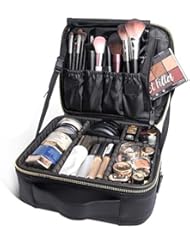 Bvser Travel Makeup Case, PU Leather Portable Organizer Makeup Train Case Makeup Bag Cosmetic Case with Shoulder Strap and Adjustable Dividers for Cosmetics Makeup Brushes Women - Black
