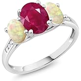 Gem Stone King 10K White Gold Gemstone Birthstone and Ethiopian Opal with Diamond Accents 3-Stone Engagement Ring for Women | Oval 8X6MM and 6X4MM | Elegant Wedding Anniversary Promise Ring | Size 5-9