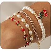 Dainty Gold Pearls Cherry Charm Bracelets Set for Women,Cute Pearls Beaded Fruit Stackable Bracelet,Statement Birthday Party Jewelry Accessories Gifts