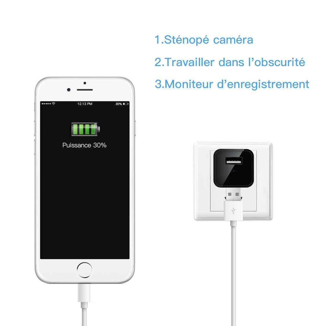 FREDI 1080P Mini Caméra Espion WiFi Caméscope Caché IP sans Fil Sécurité Caméra de Surveillance Chargeur USB Portable Détection de Mouvement (Jusqu\'à 128 Go)