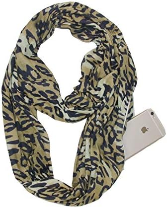 Sichouzhilu Women's Leopard Print Cotton Loop Scarf with Secret Hidden Zipper Pocket Infinity Scarves