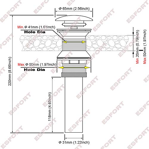 ESFORT Bathroom Sink Drain Pop Up, Vessel Sink Pop Up Drain, Brushed Nickel Finish without