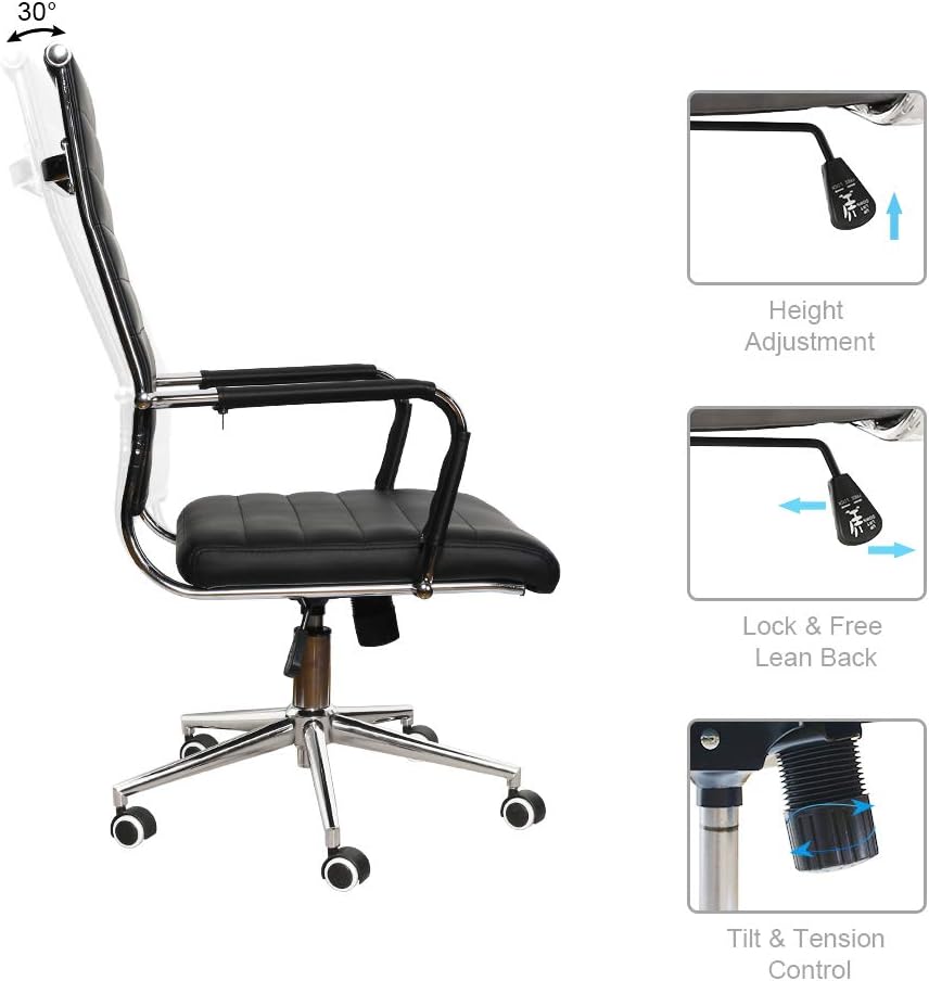 LUCKWIND Ergonomic Office Chair Ribbed Leather Swivel - Adjustable Height Tilt Arm Sleeves Lumbar Support High Back Upholstery Executive Modern Conference Computer Chrome Wheel Caster 350lb Big Black: Kitchen & Dining