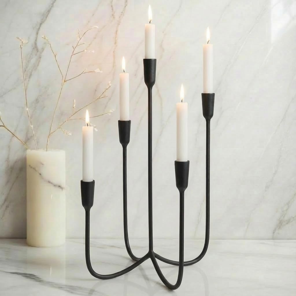 Photo 1 of Yielycan Candelabra for 5 Taper Candles – Hand-Forged Candle Holder with Elegant Vintage Finish – Decorative Centerpiece for Dining Room, Living Room or Mantel Decor?Black?