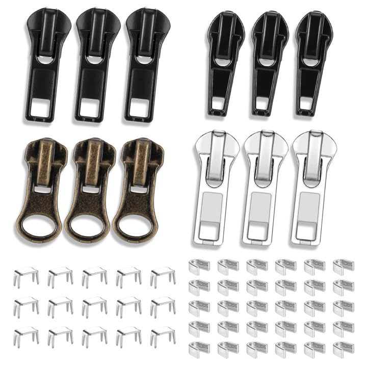 wimony 57 Pcs Metal Zipper Replacement Repair Kit,Universal Zipper Pulls with Top and Bottom Stoppers,Black/Silver/Copper Zips Fix Slider Kit for Coats Jacket,Luggage,Backpacks