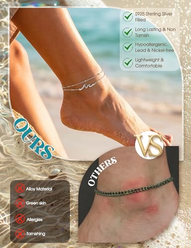 KRFY Tobilleras de Plata Oro para Mujer Ajustable Tobillera Plata de Ley 925 Mujer Impermeable Tobillera Pulsera Tobilleras Joyería para Pies de Playa