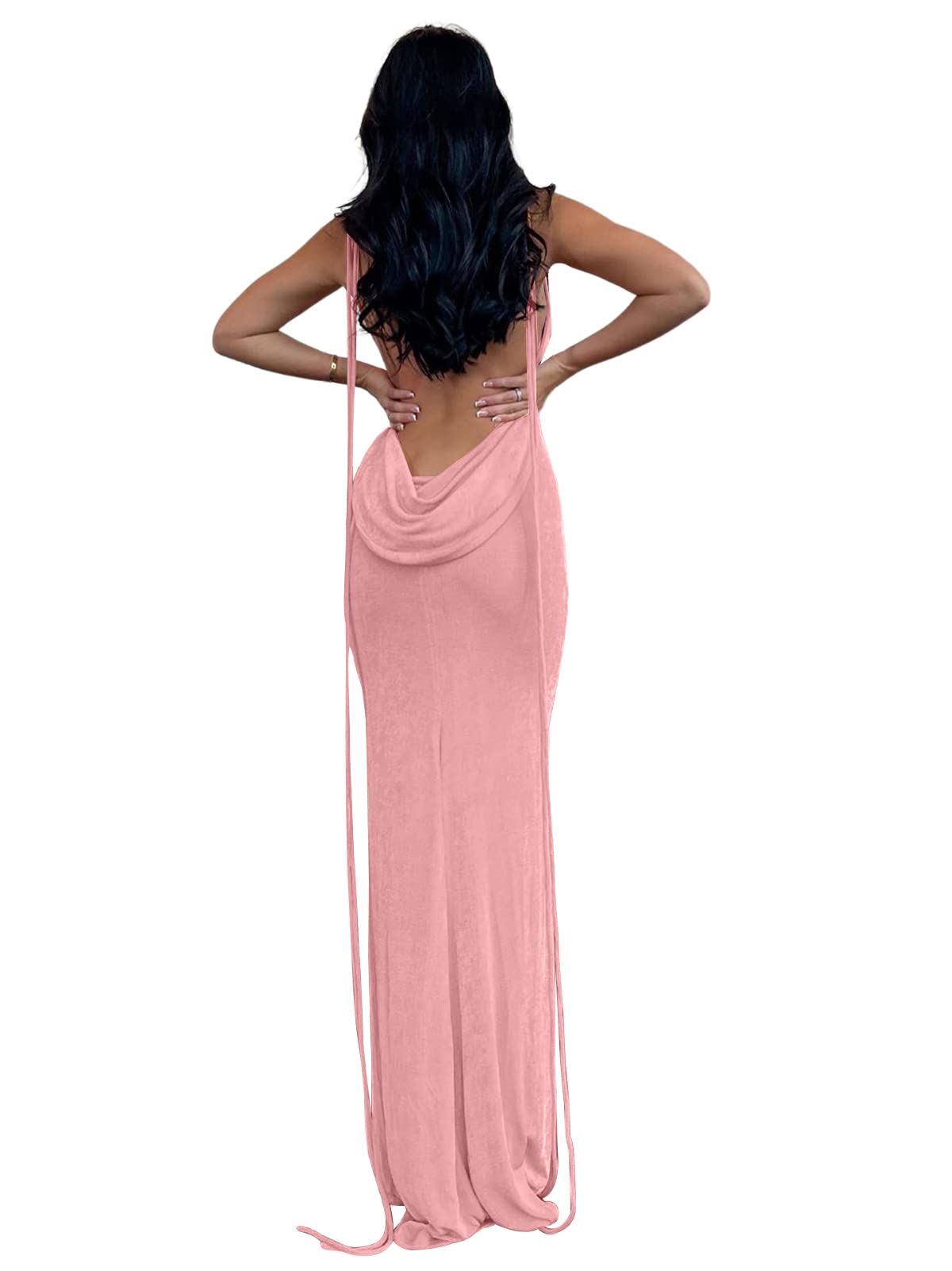 Photo 1 of Volemo Womens Summer Backless Bodycon Dress Halter Cowl Neck Slip Spaghetti Strap Sexy Cocktail Party Maxi Dresses Light Pink XS