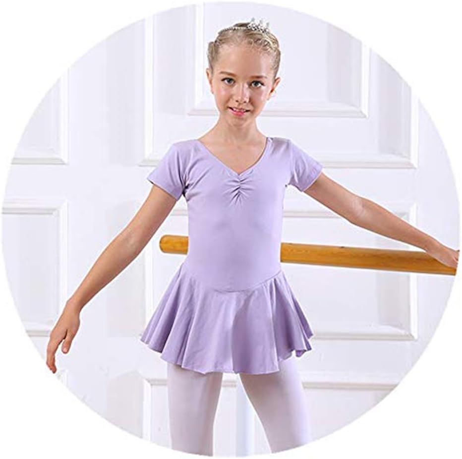 PINKDAA Girls' Stretchy Gymnastics Leotard Short Sleeve Ballet Dress Tutu Skirt Cute Dance Outfit 3-4Y Purple